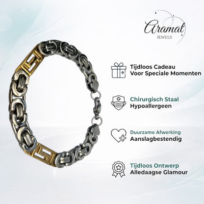 Aramat Jewels bicolor koningsarmband van 316L roestvrij staal met zilveren en gouden schakels, 9 mm breed.