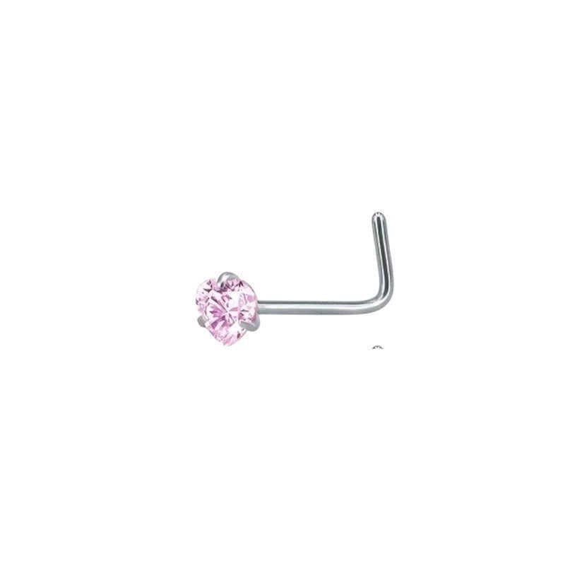Aramat Jewels stalen neuspiercing in zilverkleur met een hartvormige roze zirkonia steen op een gebogen staafje.