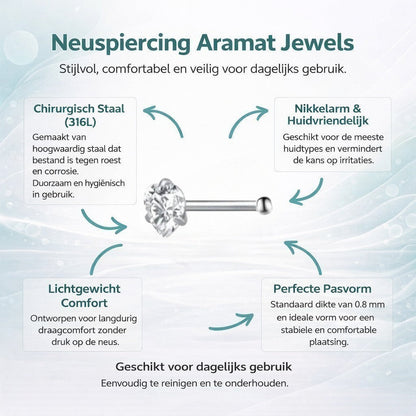 Aramat Jewels stalen neuspiercing met transparante zirkonia steen en recht staafje in een zilverkleurige afwerking.