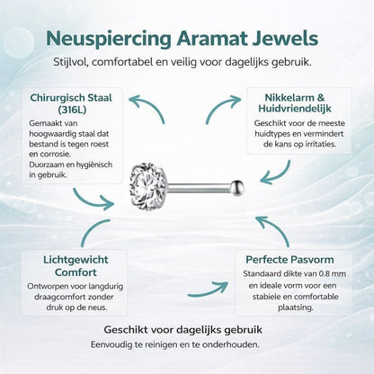 Aramat Jewels stalen neuspiercing met transparante zirkonia en recht staafje, gepresenteerd met productkenmerken.