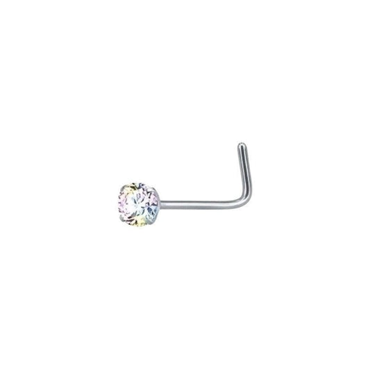 Aramat Jewels stalen neuspiercing met een sprankelende AB transparante zirkonia steen en gebogen staafje.