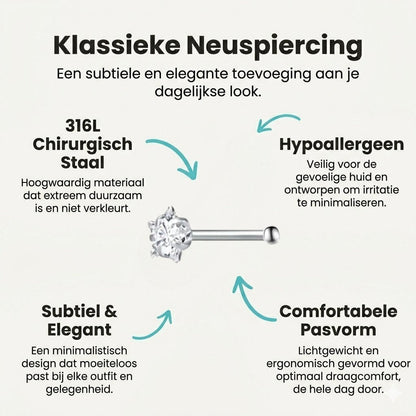 Aramat Jewels stalen neuspiercing met transparante zirkonia en recht staafje, zilverkleurig en minimalistisch design.