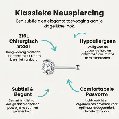 Aramat Jewels stalen neuspiercing met transparante zirkonia steen en recht staafje in een zilverkleurige afwerking.