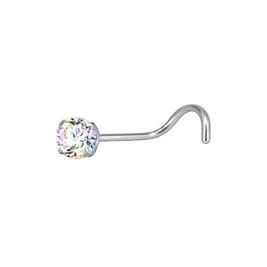 Aramat Jewels stalen neuspiercing met een schitterende AB transparante zirkonia steen en handig S-bocht staafje.