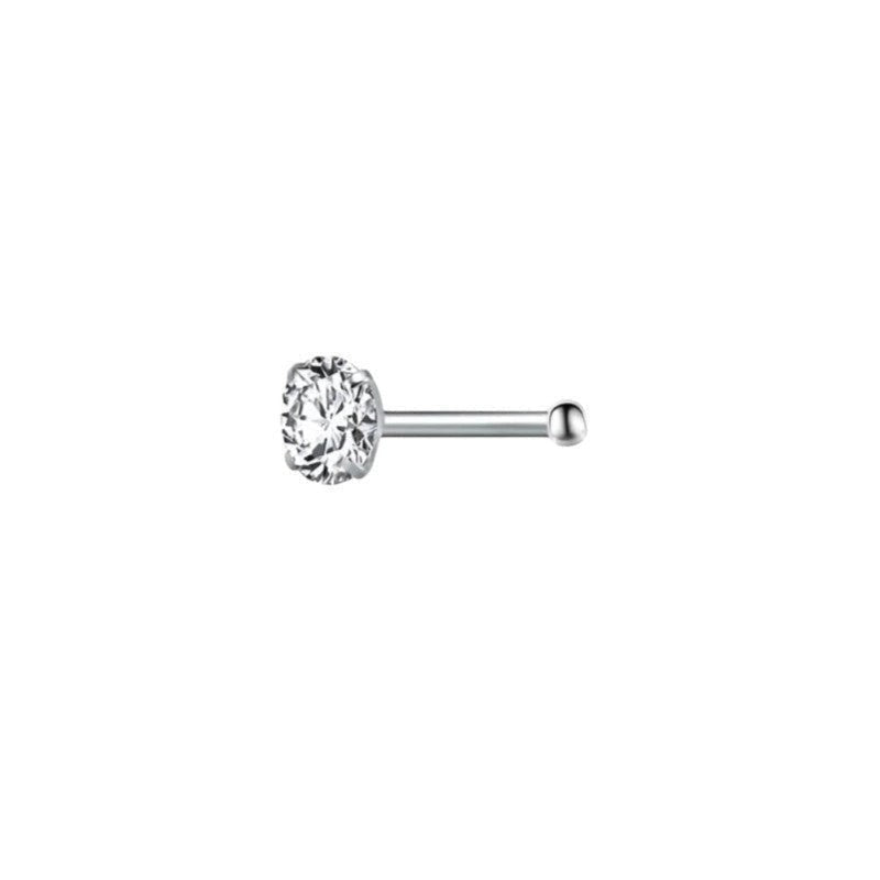 Aramat Jewels zilverkleurige stalen neuspiercing met een schitterende ronde transparante zirkonia en recht staafje.