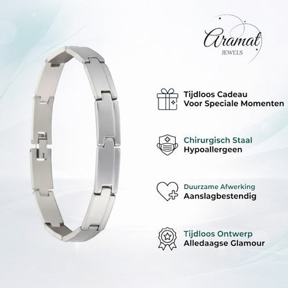 Aramat Jewels zilverkleurige stalen schakelarmband van 21 cm met een breedte van 10 mm en een stevige kliksluiting.