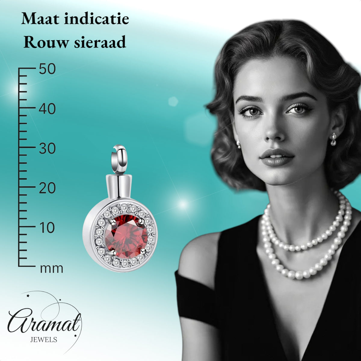 Aramat Jewels® stalen zirkonia ashanger rond met rode steen en witte zirkonia's.