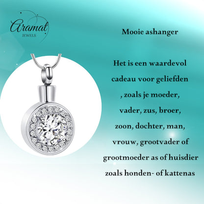 Aramat Jewels zilverkleurige stalen ashanger met zirkonia steen, rond design.