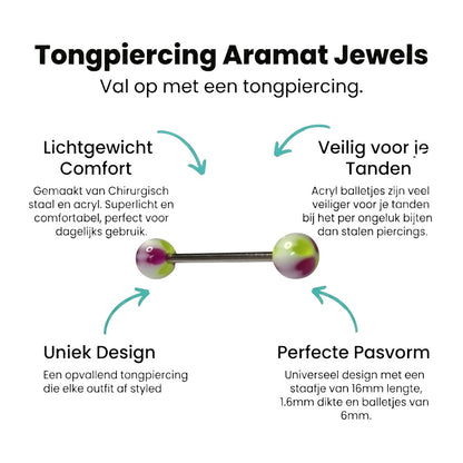 Aramat Jewels steel acrylic tongue piercing with purple, yellow, and white heart-shaped ends.