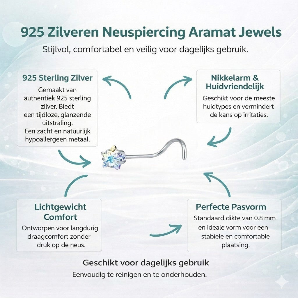 Aramat Jewels steel nose piercing with AB transparent cubic zirconia and S-shaped bar.