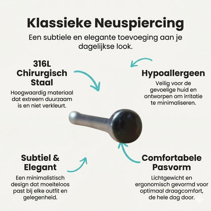 Aramat Jewels steel nose piercing with a 1.5mm black crystal stud. Straight design for nose wing.