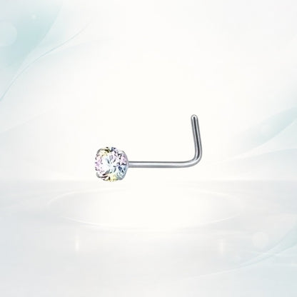 Aramat Jewels® silver steel L-shaped nose piercing with a clear AB cubic zirconia stone.