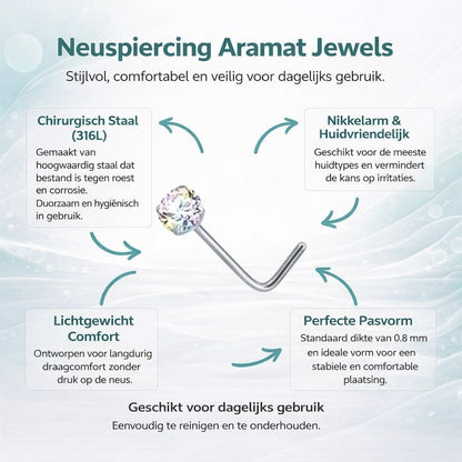 Aramat Jewels® silver steel L-shaped nose piercing with a clear AB cubic zirconia stone.