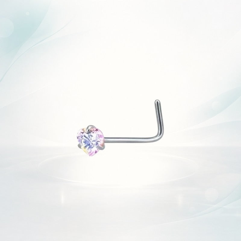 Aramat Jewels® silver steel L-shaped nose piercing with a heart-shaped AB iridescent cubic zirconia stone.