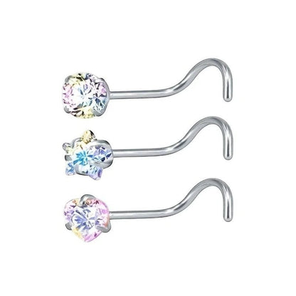 Aramat Jewels steel nose piercing with AB transparent cubic zirconia in round, star, and heart shapes.