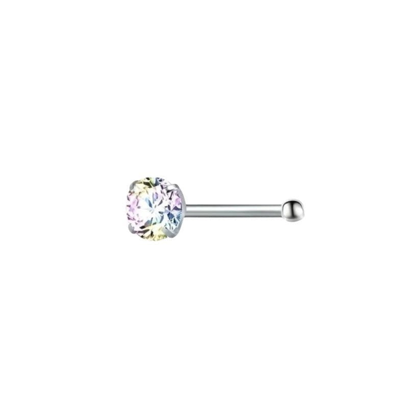 Aramat Jewels steel nose piercings with AB clear cubic zirconia in round, star, and heart shapes.