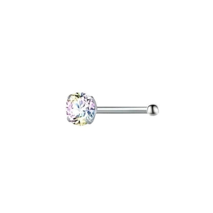 Aramat Jewels steel nose piercings with AB clear cubic zirconia in round, star, and heart shapes.