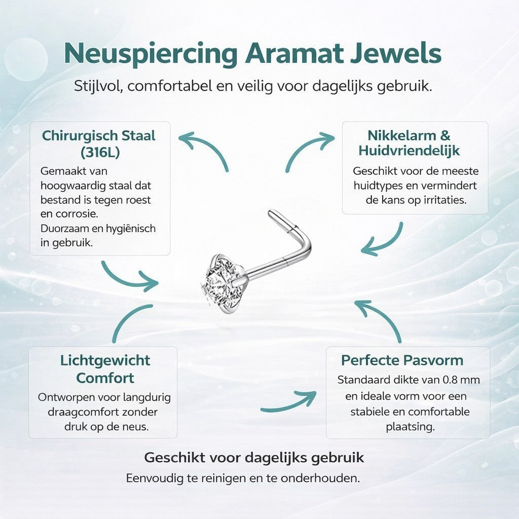 Aramat Jewels silver steel L-shaped nose piercing with a clear 2mm cubic zirconia stone.