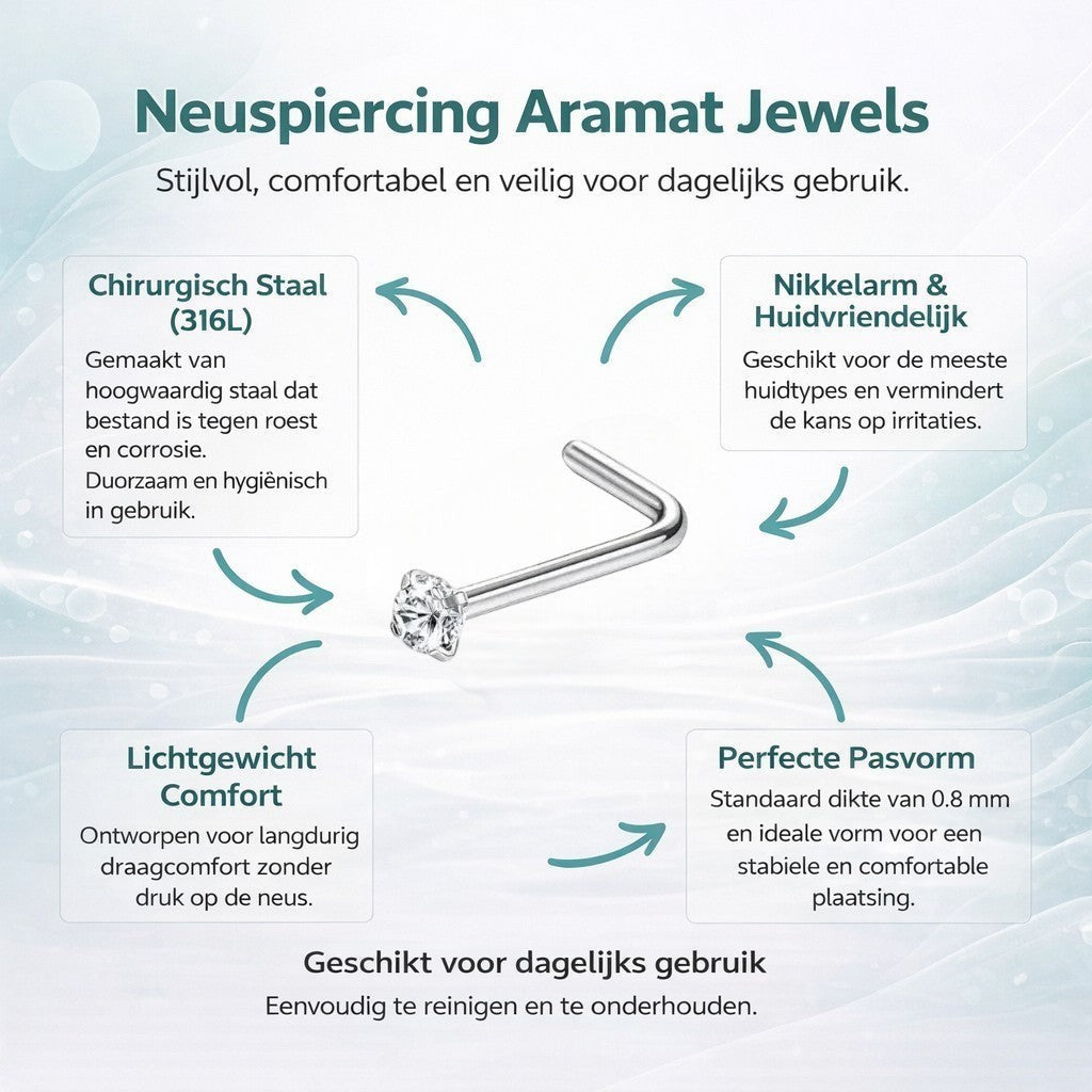 Aramat Jewels silver steel L-shaped nose piercing with a clear cubic zirconia stone.
