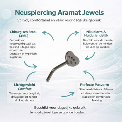 Aramat Jewels silver-tone steel L-shaped nose stud with a heart-shaped end featuring paw print details.