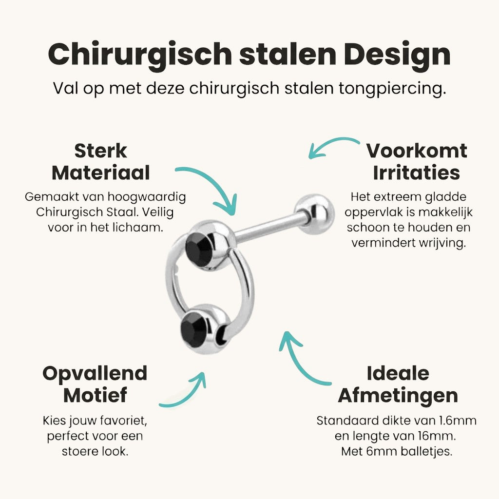 Aramat Jewels steel tongue piercing with black zirconia and slave ring, 16mm bar, 1.6mm gauge.