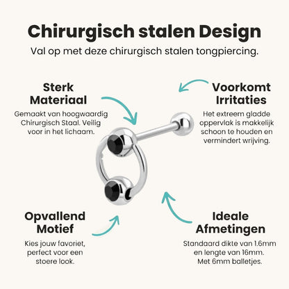 Aramat Jewels steel tongue piercing with black zirconia and slave ring, 16mm bar, 1.6mm gauge.