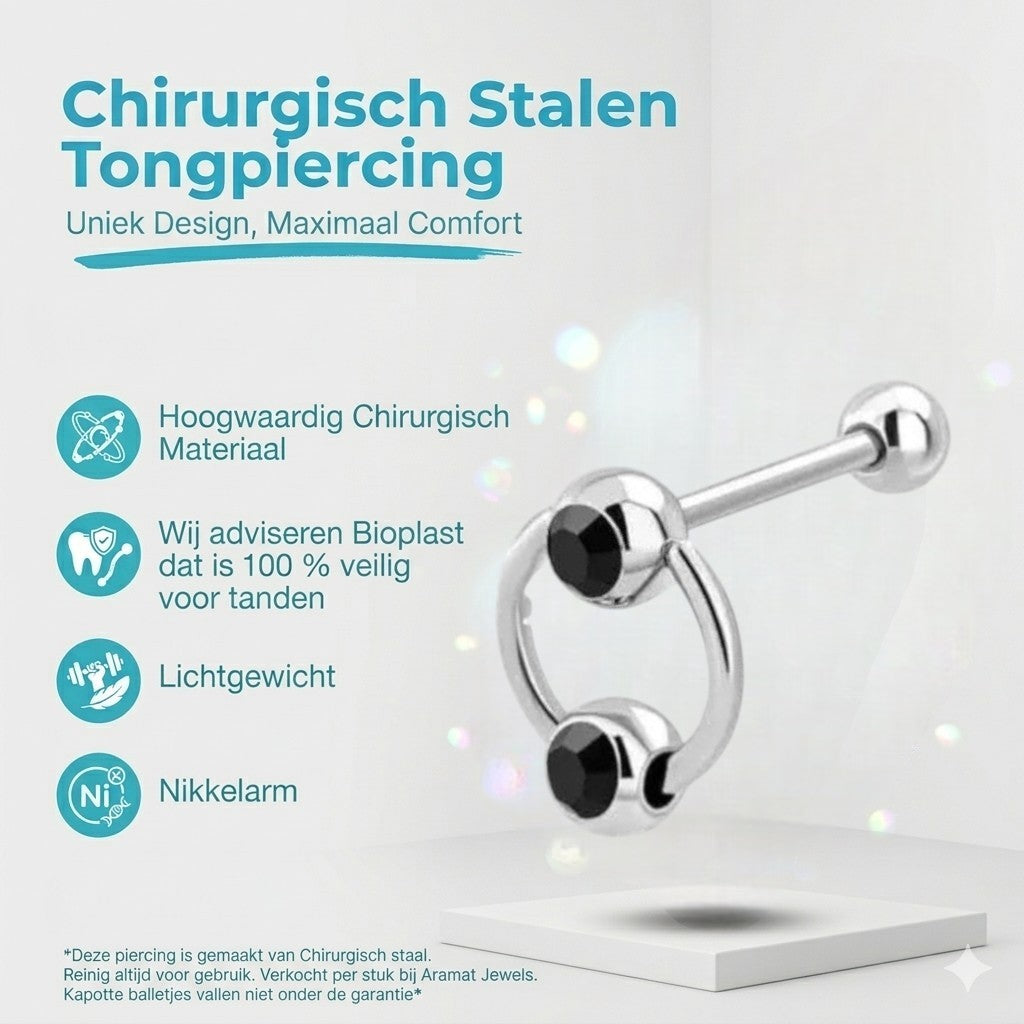 Aramat Jewels steel tongue piercing with black zirconia stone and slave ring design, 16mm bar length.