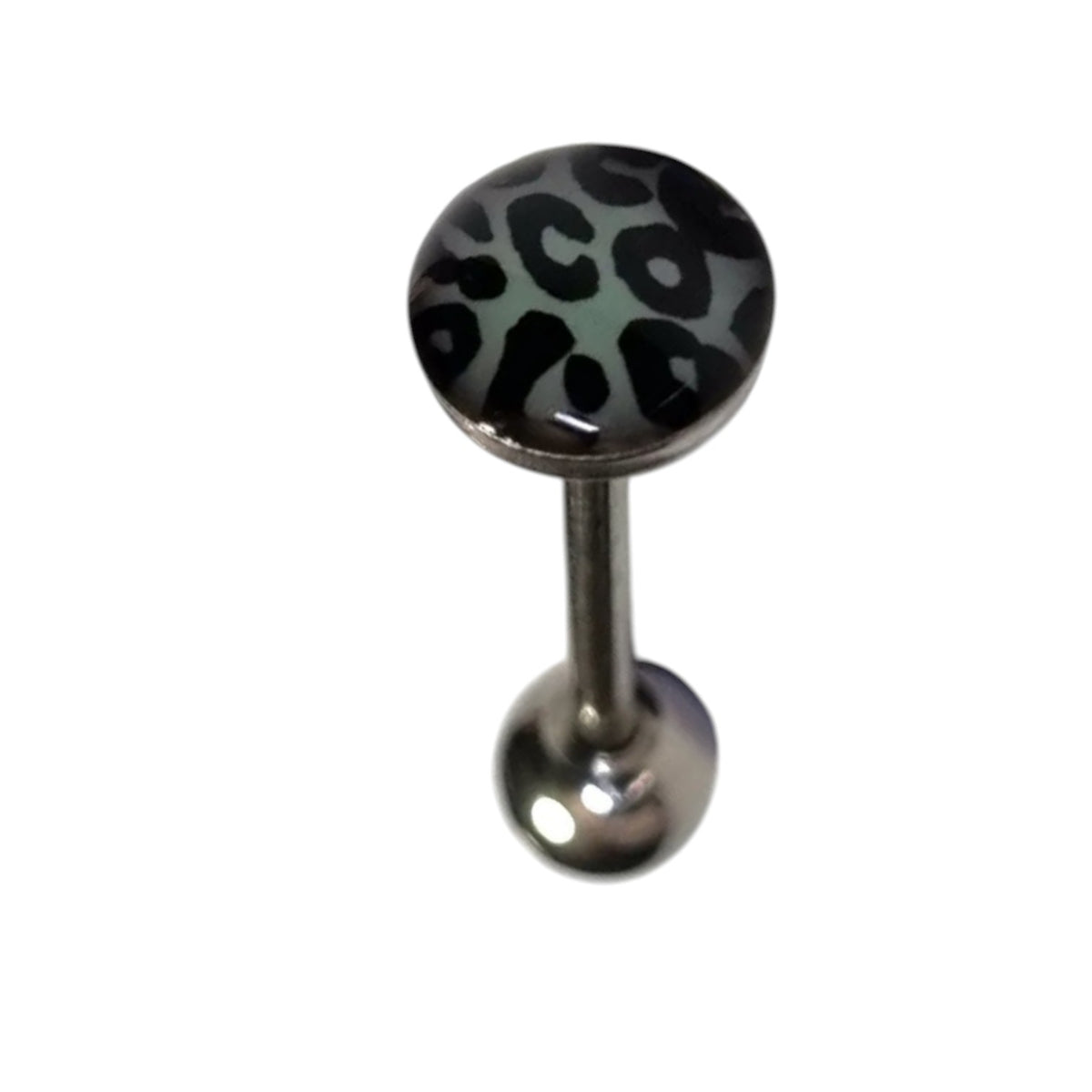 Aramat Jewels steel tongue piercing with black and green leopard print logo.