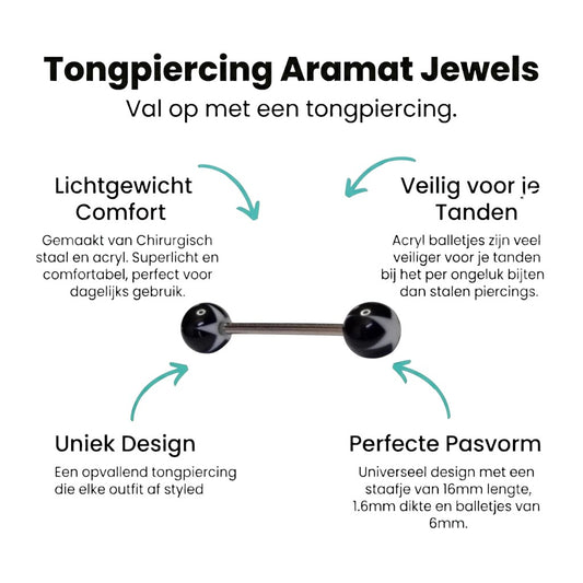 Aramat Jewels steel tongue piercing with black and white acrylic star ends. 6mm balls.