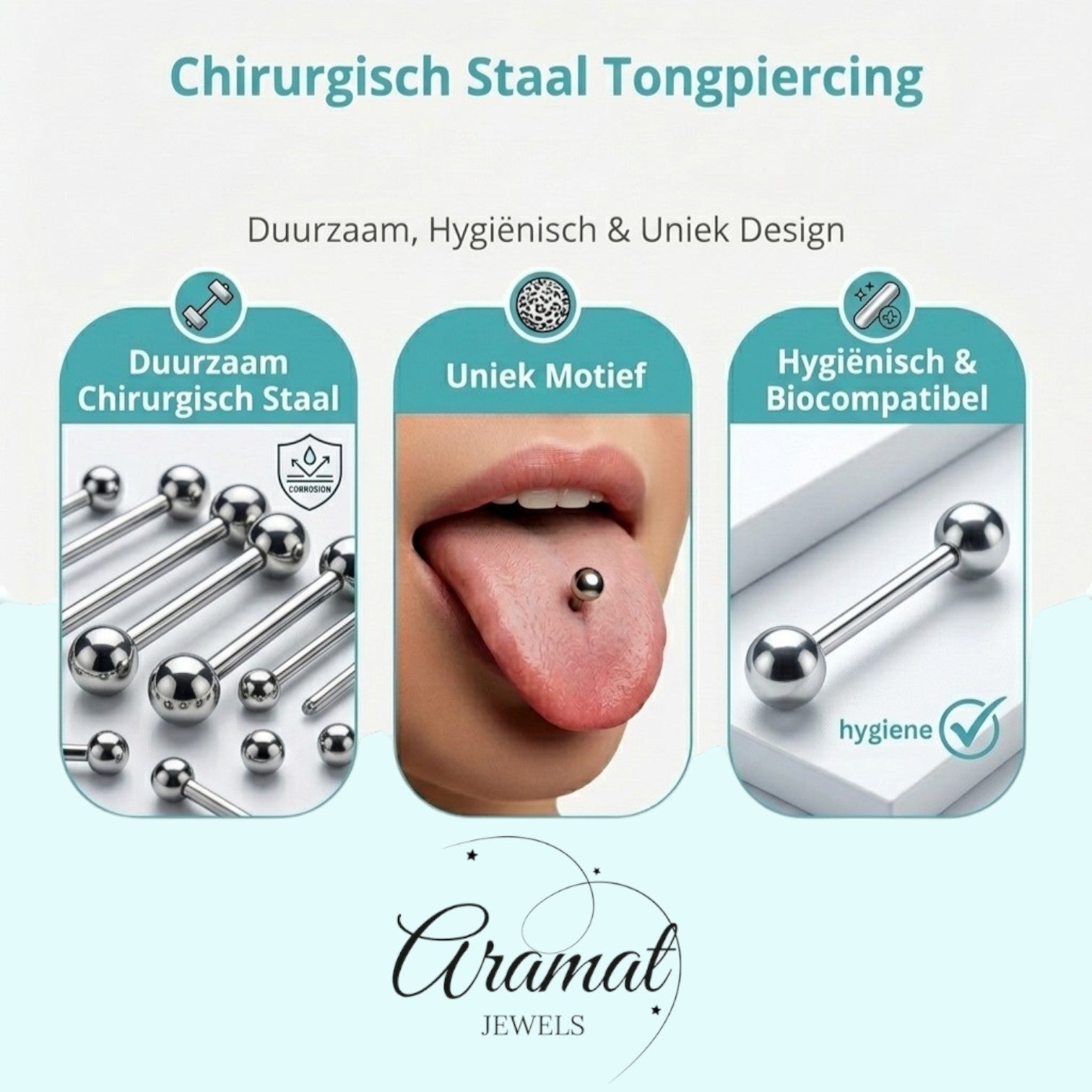 Aramat Jewels surgical steel tongue piercing with a colorful swirl logo. Features a silver barbell with two balls and a vibrant logo.