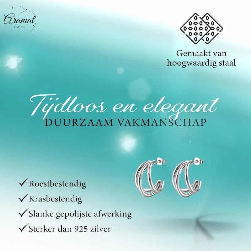 Aramat Jewels zilverkleurige triple halve oorringen van roestvrij staal met een elegant en tijdloos design.