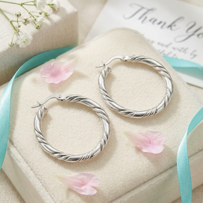 Aramat Jewels silver-coloured stainless steel twisted hoop earrings, 30mm diameter, with a 3-thread design.