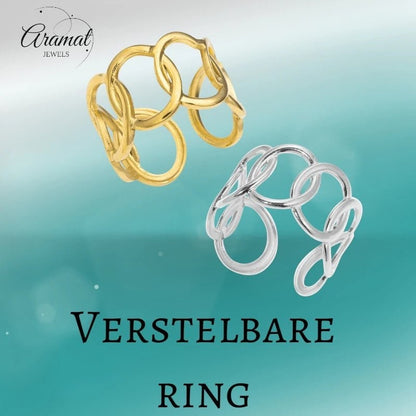 Aramat Jewels verstelbare ringen van RVS met ovale schakels in goud- en zilverkleur, 13 mm breed.