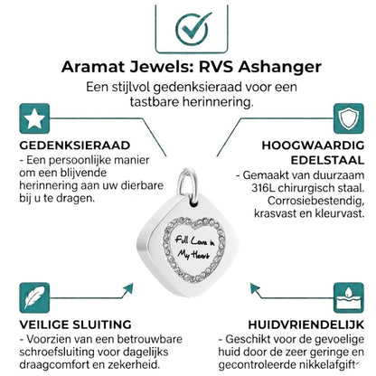 Aramat Jewels vierkante stalen ashanger met hartvormige zirkonia's en tekst 'full love in my heart'.