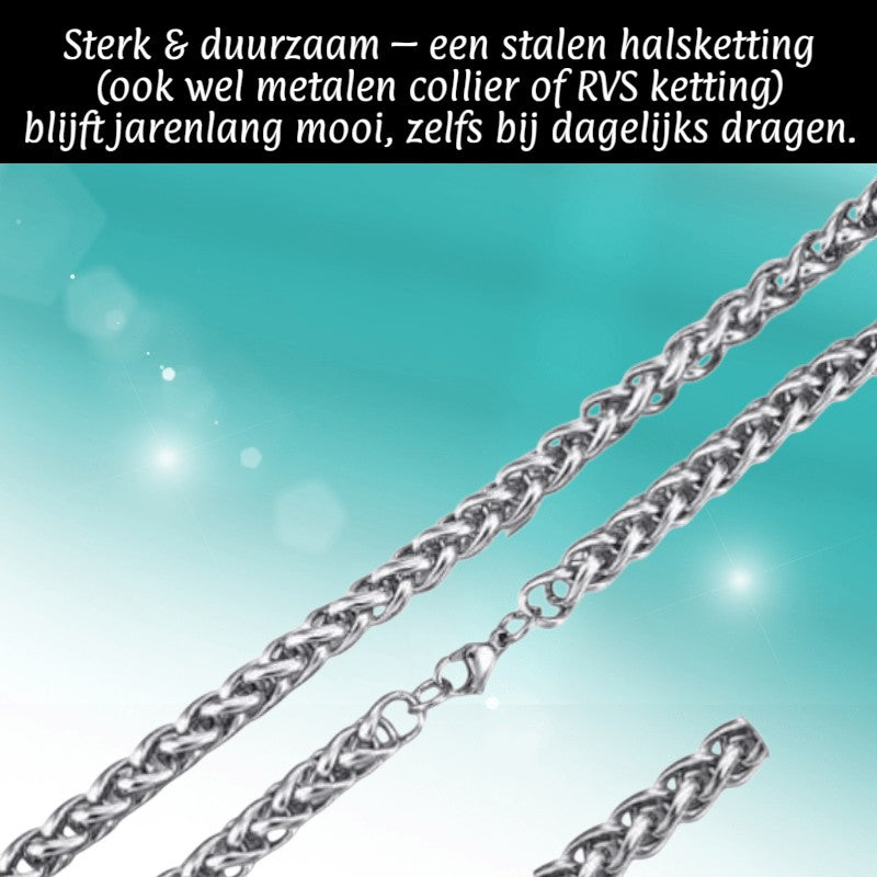 Aramat Jewels zilverkleurige vossenstaart halsketting van 8 mm breed RVS, een robuust en waterproof statement sieraad.