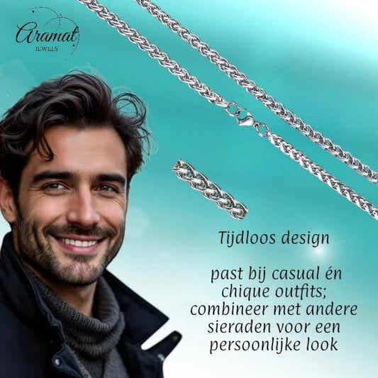 Aramat Jewels zilverkleurige RVS vossenstaart ketting van 70 cm en 5 mm breed, gedragen door een man voor een stoere look.