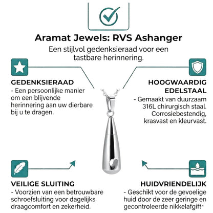 Aramat Jewels zilverkleurige roestvrijstalen ashanger in druppelvorm met opengewerkt hartje. 3,1cm lang met schroefsluiting.