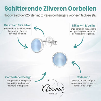 Aramat Jewels zilveren oorstekers met 6mm ronde blauwe cats eye steen, nikkelvrij en comfortabel.