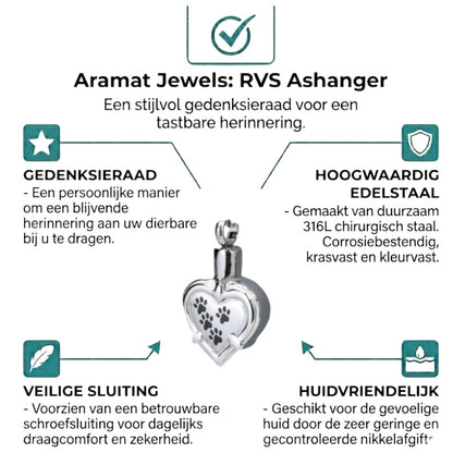 Aramat Jewels zilverkleurige hartvormige ashanger met pootafdrukken, gemaakt van roestvrij staal.