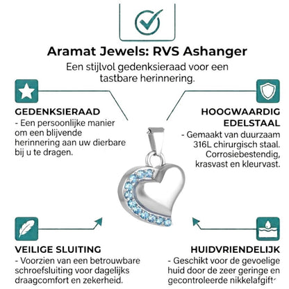 Aramat Jewels zilverkleurige stalen ashanger in hartvorm met blauwe zirkonia steentjes. Gedenksieraad zonder ketting.