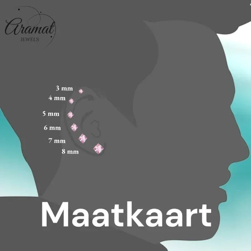 Aramat Jewels 925 zilveren kinderoorbellen met blauwe glitter, rond, 5mm. Maatkaart met oorbellen van 3mm tot 8mm.