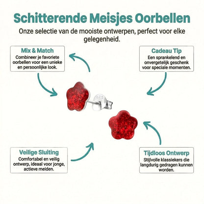 Aramat Jewels 925 zilveren kinderoorbellen met rode glitter bloem, 8mm. Ideaal voor meisjes.
