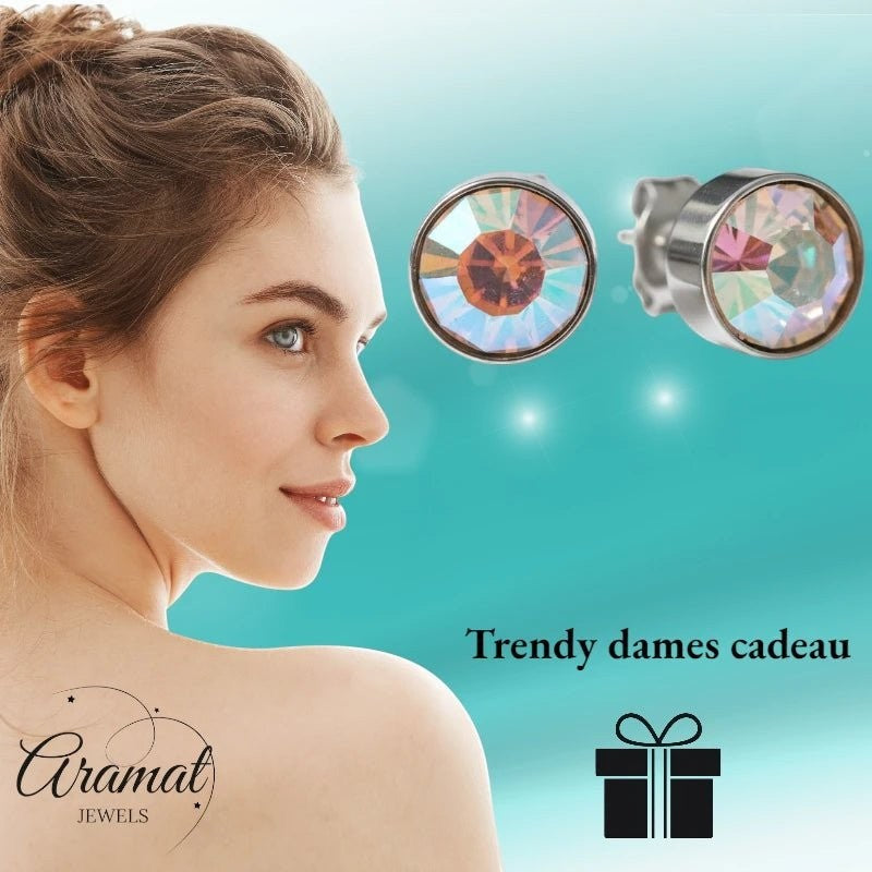 Aramat Jewels zilverkleurige oorstekers met 8mm AB transparant kristal, uniseks