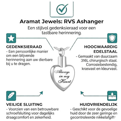 Aramat Jewels zilverkleurige stalen ashanger in hartvorm met de tekst 'Always in my Heart'.