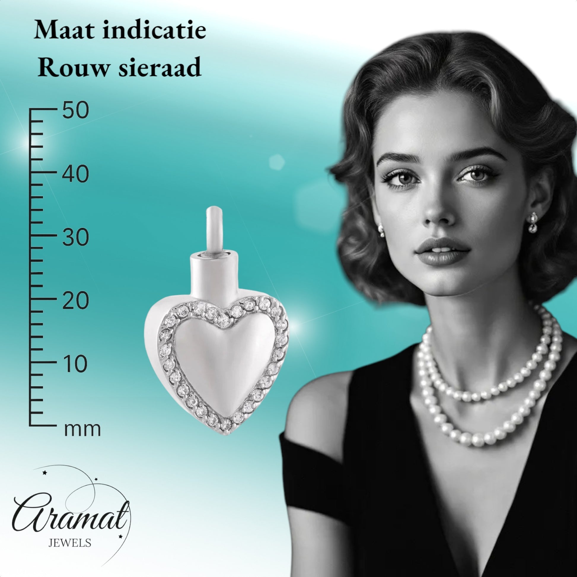 Aramat Jewels zilverkleurige stalen hartvormige ashanger met kristallen, zonder ketting.
