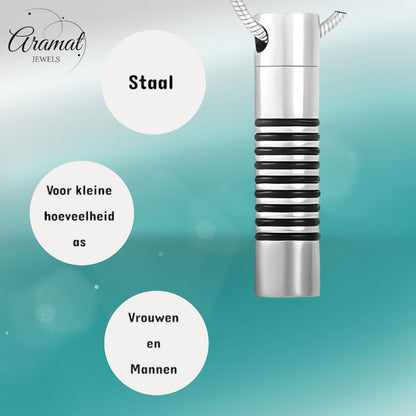 Aramat Jewels zilverkleurige stalen buis ashanger voor mannen met zwarte ringen. Discreet rouwsieraad.