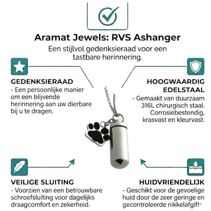 Aramat Jewels zilverkleurige buisvormige ashanger met pootje, gemaakt van roestvrij staal.