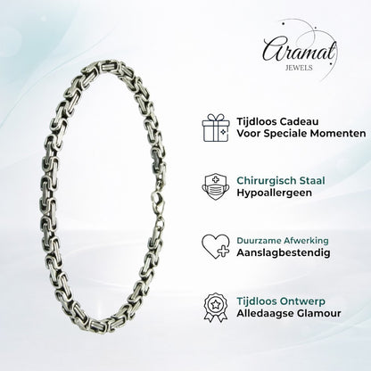Aramat Jewels zilverkleurige RVS koningsschakel armband van 5mm breed en 20cm lang met een plat design.