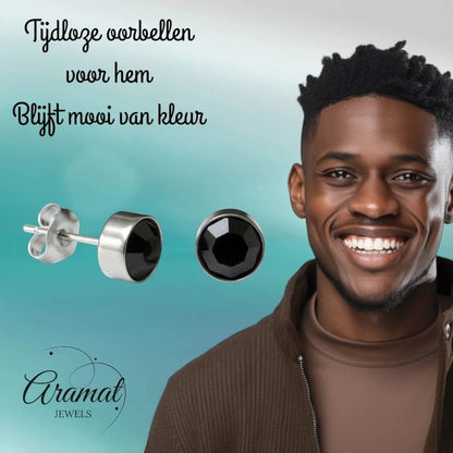 Aramat Jewels zilverkleurige oorstekers met zwart kristal van 8mm, uniseks.
