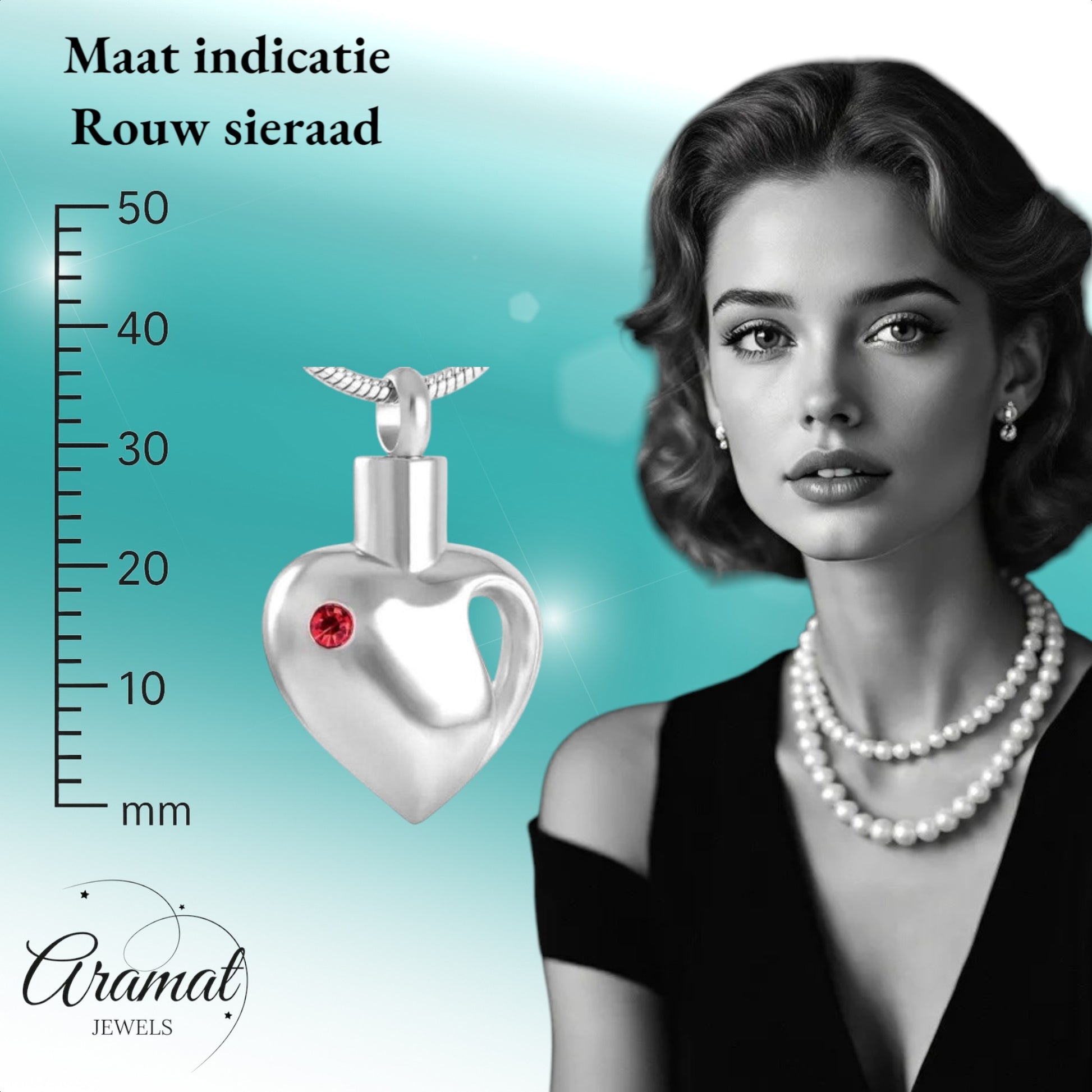 Aramat Jewels zilverkleurige stalen ashanger in hartvorm met rode zirkonia, waterbestendig gedenksieraad.